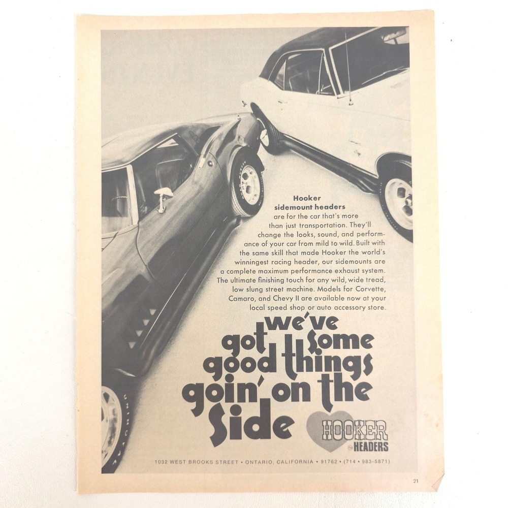 Vintage Chevrolet Corvette Camaro Print Ad Hooker Headers SidePipe Street Racing